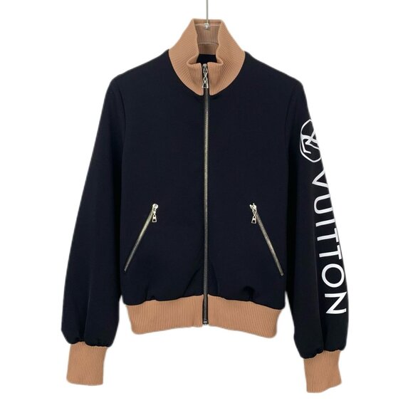 Louis Vuitton Logo Sleeve Black & Tan Bomber Jacket Size 34 XXS Made In France - Picture 1 of 7